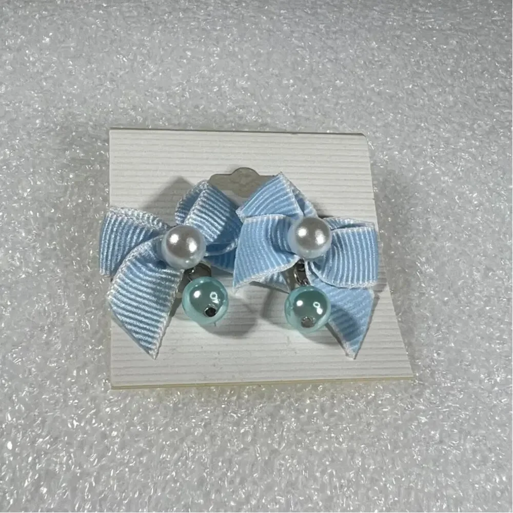 Retro Korean Coquette Faux Simulated Pearl Bow Earrings New on Card Deadstock